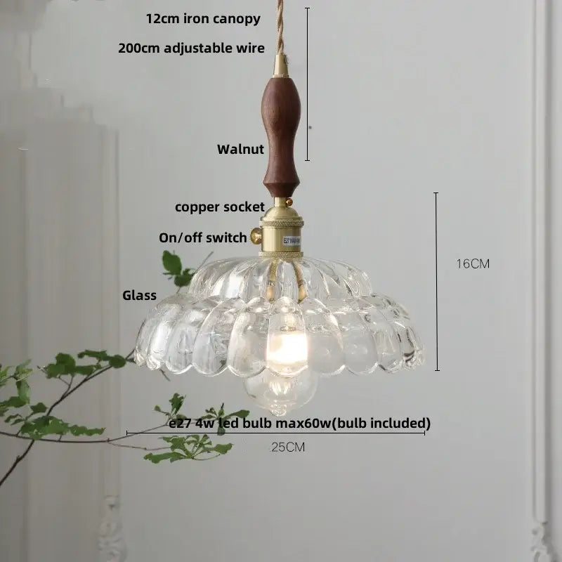 A clear scalloped glass pendant lamp with walnut wood handle and brass hardware by decorbites led pendant