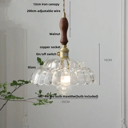 A clear scalloped glass pendant lamp with walnut wood handle and brass hardware by decorbites led pendant