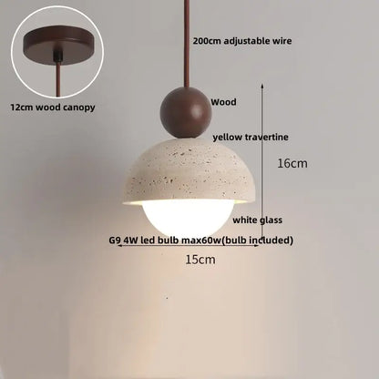 Decorbites led pendant lamp with matte brown wood canopy yellow travertine shade and white glass bulb for kitchen lighting