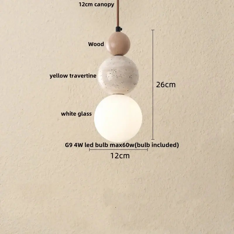DecorBites led pendant lamp with wooden canopy, yellow speckled travertine sphere, and white glass globe for kitchen lighting