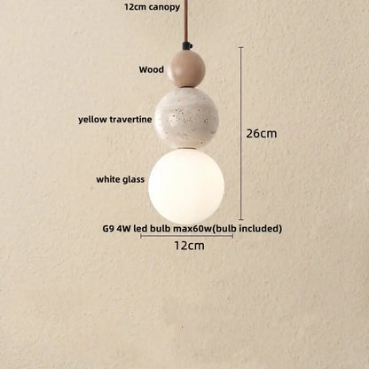 DecorBites led pendant lamp with wooden canopy, yellow speckled travertine sphere, and white glass globe for kitchen lighting