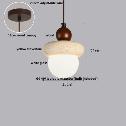 Decorbites led pendant lamp with warm brown wood canopy yellow travertine ring and white glass globe for indoor lighting
