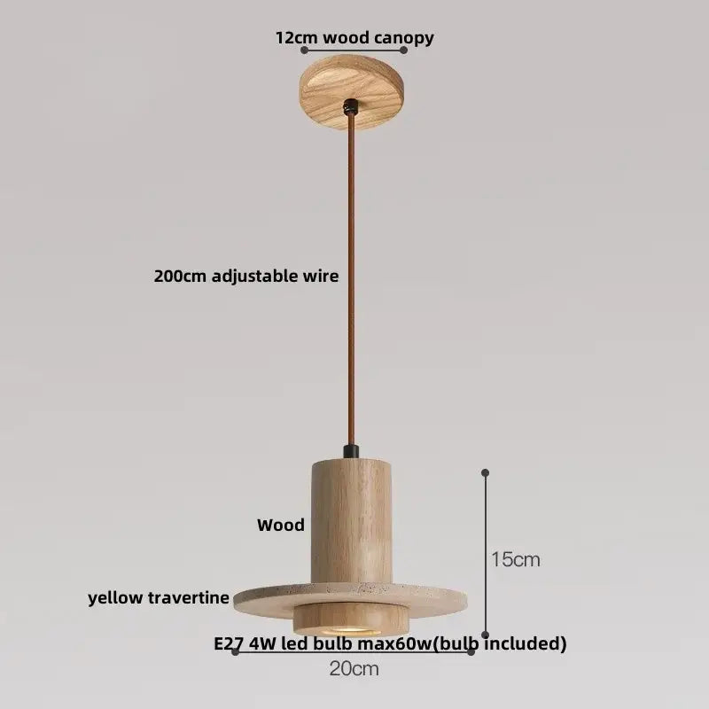 Minimalist decorbites led pendant lamp with natural wood canopy, cylindrical body, and yellow travertine base for kitchen lighting