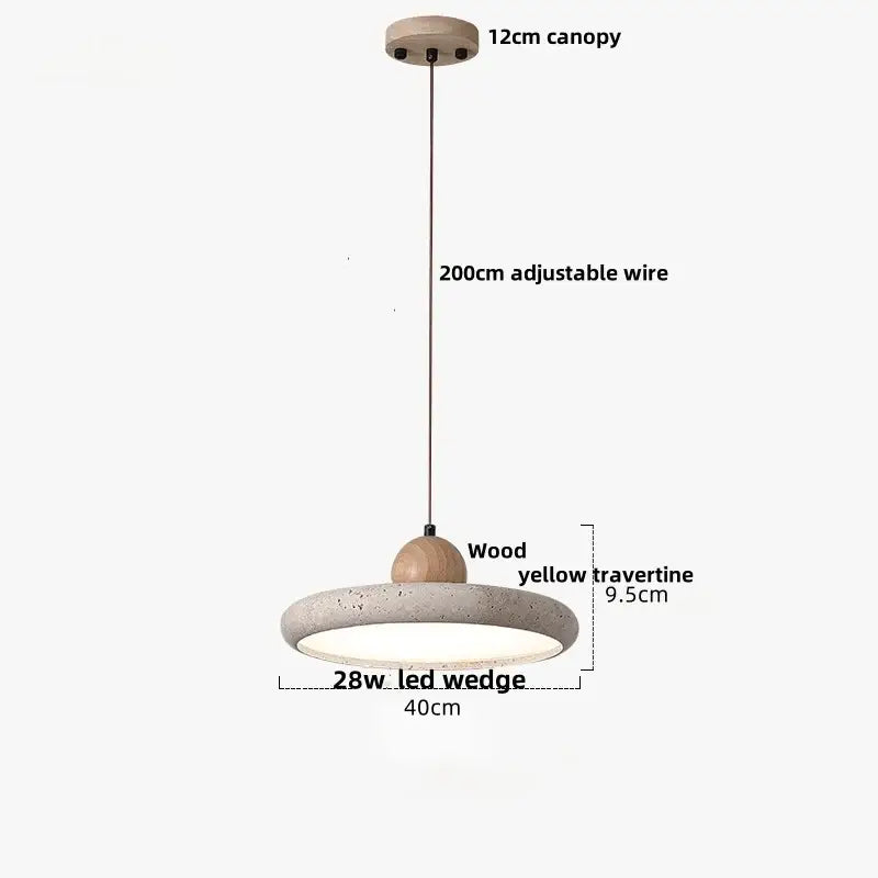 DecorBites led pendant lamp with 12cm wooden canopy, 200cm wire, and yellow travertine stone shade with wood accent