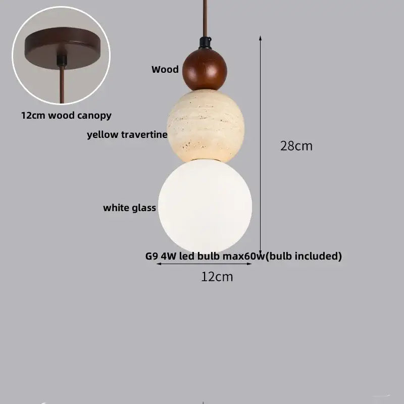 DecorBites led pendant lamp with dark wood canopy, brown wood spheres, yellow travertine stone, and white glass globe