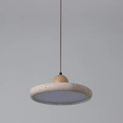 Minimalist decorbites led pendant lamp with off-white concrete ring and natural wood sphere suspended by brown cord