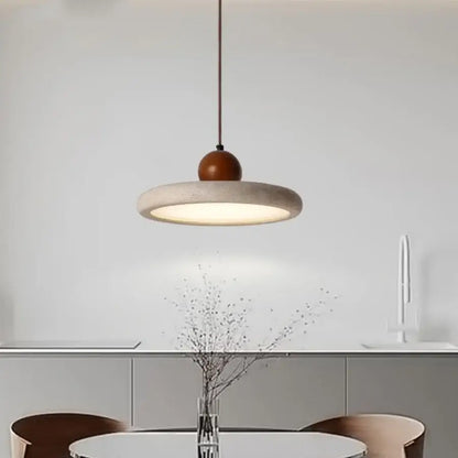 Minimalist decorbites led pendant lamp with warm wooden globe and textured yellow stone concrete disc
