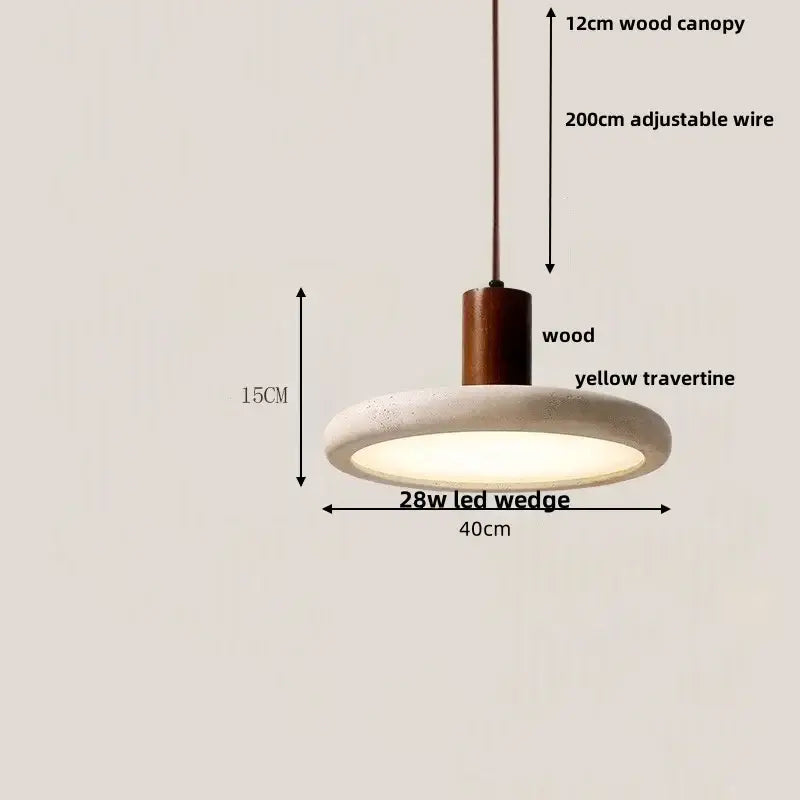 A decorbites led pendant lamp featuring a 12cm wood canopy and a 40cm yellow travertine disc with integrated led bulb