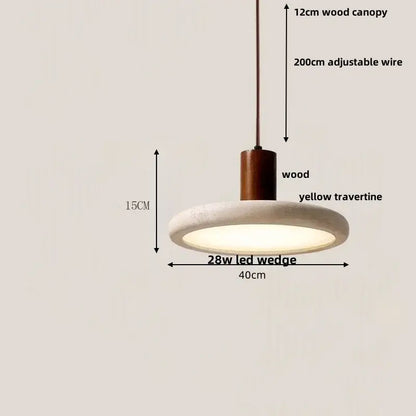 A decorbites led pendant lamp featuring a 12cm wood canopy and a 40cm yellow travertine disc with integrated led bulb