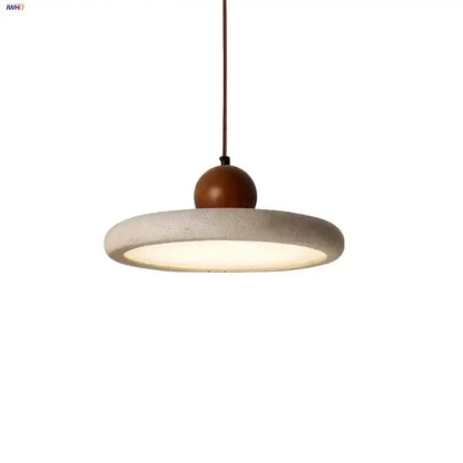 Minimalist decorbites led pendant lamp with a textured yellow stone disc and polished wood globe suspended by brown cord