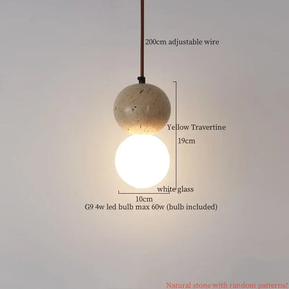 Yellow travertine sphere pendant lamp with white glass globe decorbites led pendant adjustable wabi sabi light