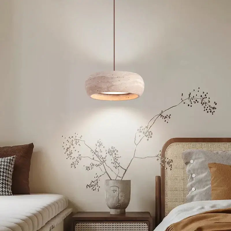 DecorBites led pendant lamp with a minimalist off-white ceramic shade and warm wooden rim in yellow travertine style