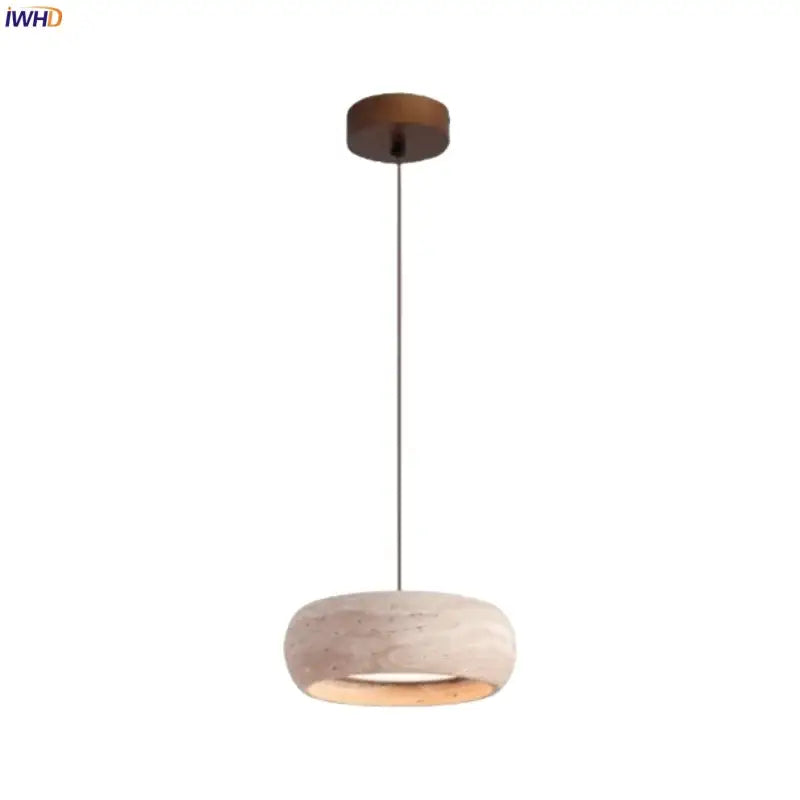 Minimalist decorbites led pendant lamp with warm yellow glow, concrete shade, and wooden ceiling mount
