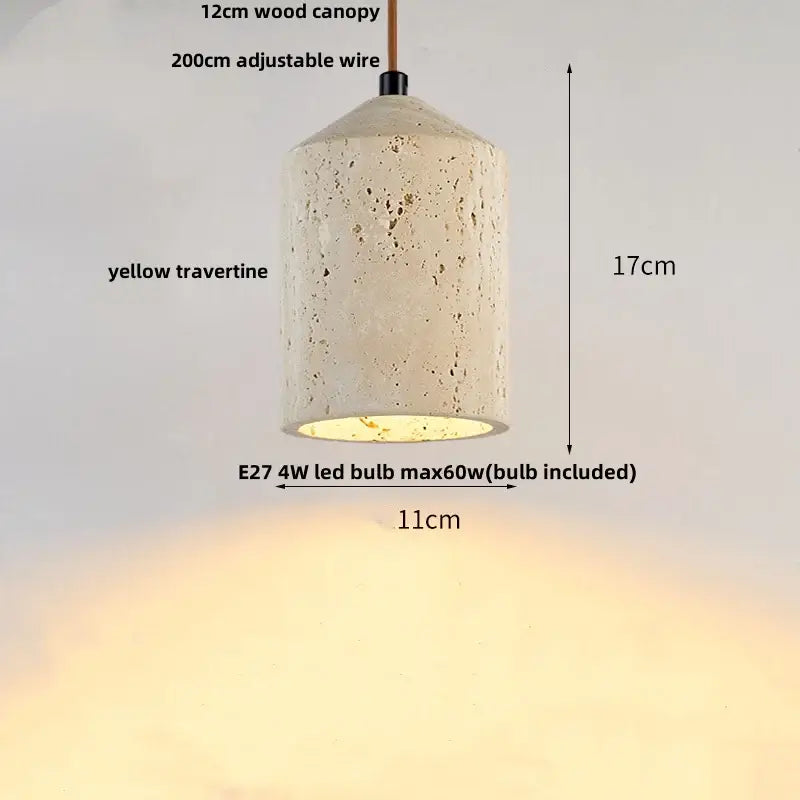 Cylindrical decorbites led pendant lamp in yellow travertine with textured finish and adjustable 200cm wire