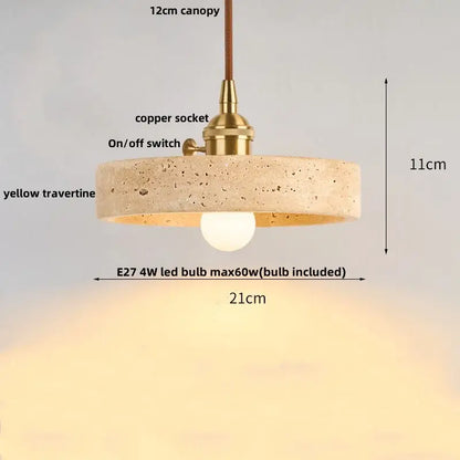 Decorbites led pendant lamp featuring a rustic yellow travertine shade with brass copper socket and e27 led bulb