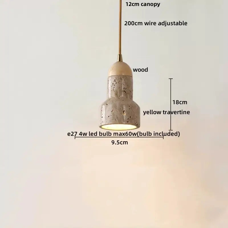 DecorBites led pendant lamp with yellow travertine textured body, wooden canopy, and brass-finished adjustable wire