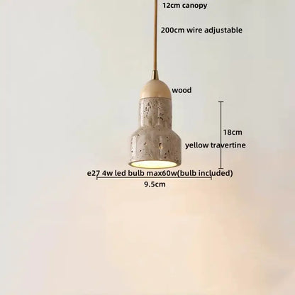 Modern pendant lamp featuring a yellow travertine textured body with wooden canopy and brass wire by DecorBites LED Pendant