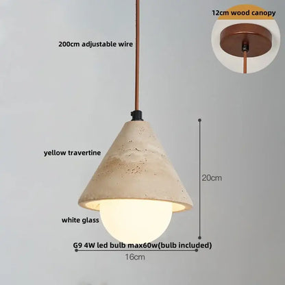 DecorBites led pendant lamp with yellow travertine cone shade, white glass bulb, and copper adjustable suspension