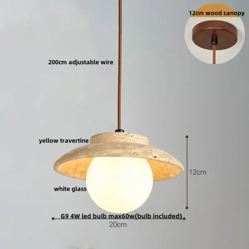 Modern decorbites led pendant lamp with yellow travertine textured shade and white glass globe bulb in japanese style