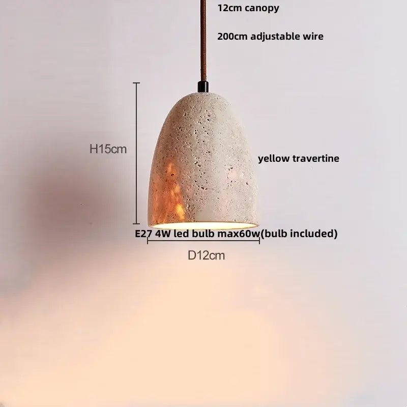 A warm yellow travertine decorbites led pendant lamp with textured surface and adjustable wire for versatile hanging