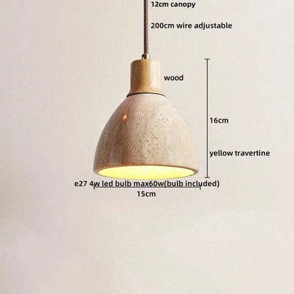 DecorBites™ LED pendant light with warm wooden canopy and yellow travertine stone shade in Nordic modern style