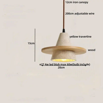 DecorBites™ LED pendant light with yellow travertine stone conical shade, wooden disc accent, and iron canopy