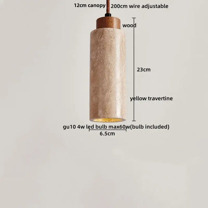 Decorbites led pendant light with yellow travertine stone body, wooden canopy, and adjustable wire in nordic modern style