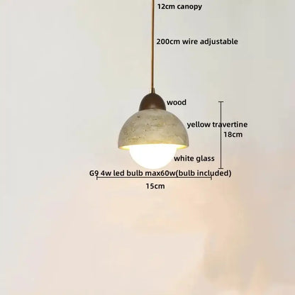 Decorbites led pendant light with yellow travertine stone dome shade wood canopy and adjustable wire