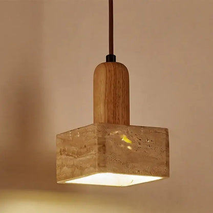 DecorBites™ LED pendant light with yellow travertine stone base and wooden top in a warm nordic modern style