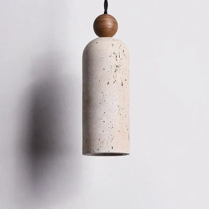Minimalist decorbites led pendant lamp with yellow travertine concrete body and warm wood sphere accent