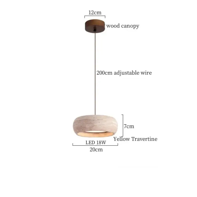 Modern DecorBites LED pendant lamp with warm yellow travertine shade and dark wood canopy suspended by adjustable wire