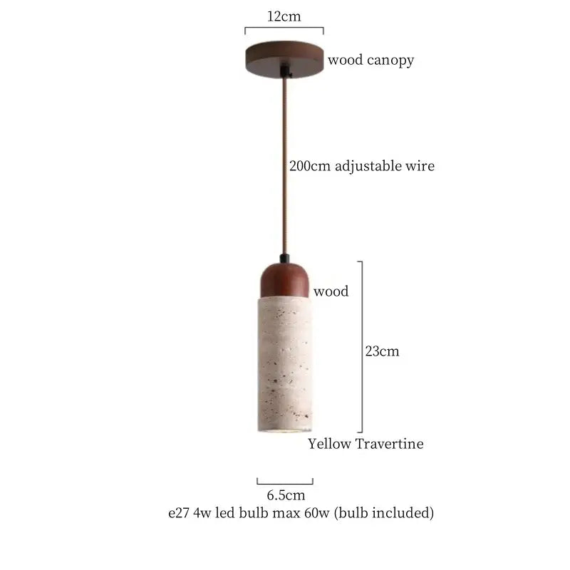 Decorbites led pendant lamp featuring yellow travertine stone cylinder and warm brown wood canopy with adjustable wire