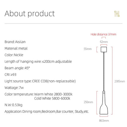 A sleek decorbites led pendant light with nickel-finished metal frame and adjustable hanging wire spotlighting