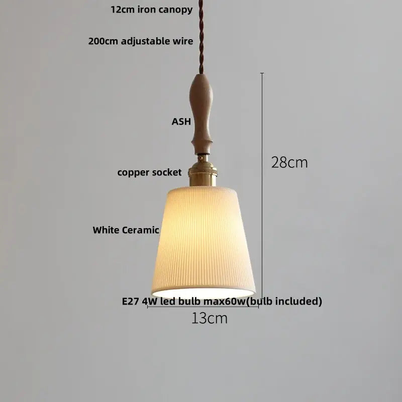 Decorbites led pendant light with ash wood handle white ceramic ridged shade and 12cm iron canopy in warm tones