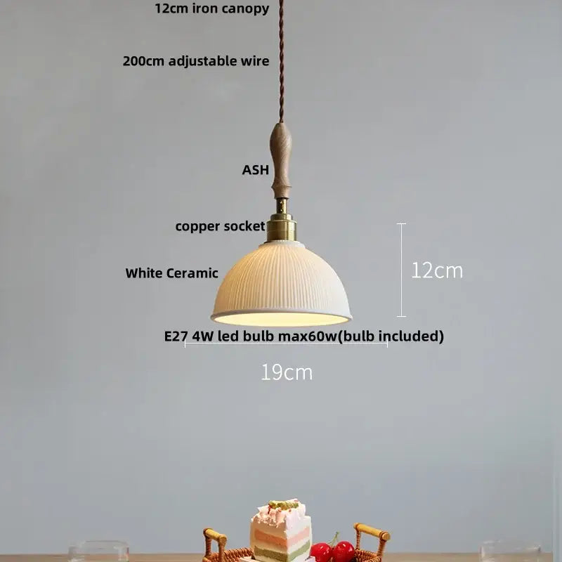White ceramic pendant light with wooden handle and copper socket decorbites led pendant for modern lighting decor