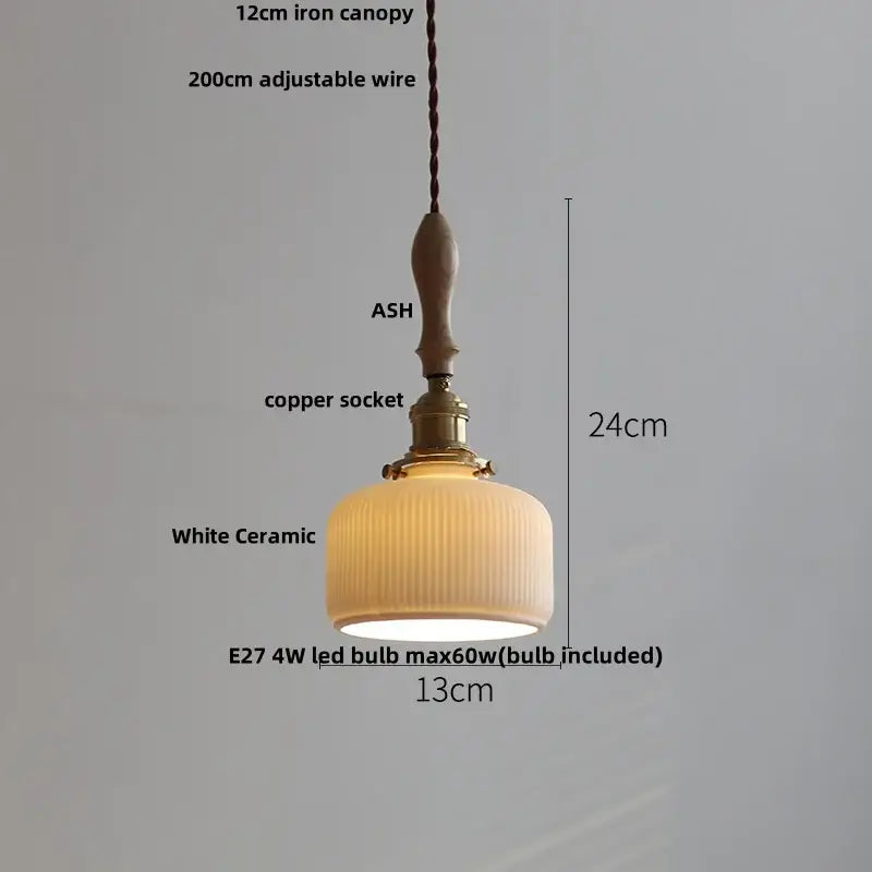 Decorbites led pendant light ash wood white ceramic with vertical ridges and brass copper socket for stylish lighting