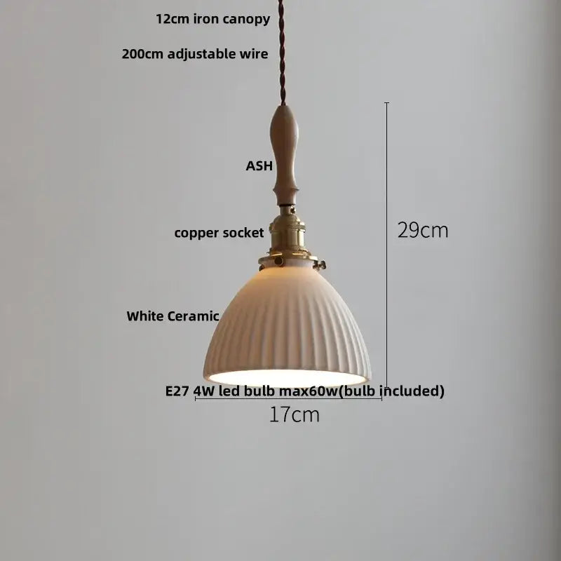 White ceramic pendant light with fluted design ash wood canopy copper socket decorbites led pendant light