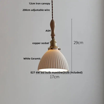 White ceramic pendant light with fluted design ash wood canopy copper socket decorbites led pendant light