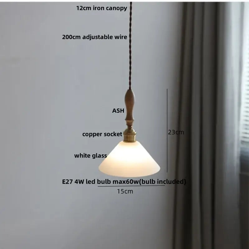 Decorbites led pendant light with ash wood finial white glass shade copper socket and 12cm iron canopy