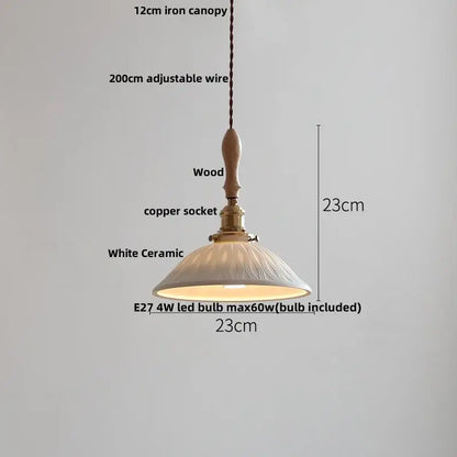 Decorbites led pendant light with white ceramic shade textured pattern copper socket and ash wood handle suspension