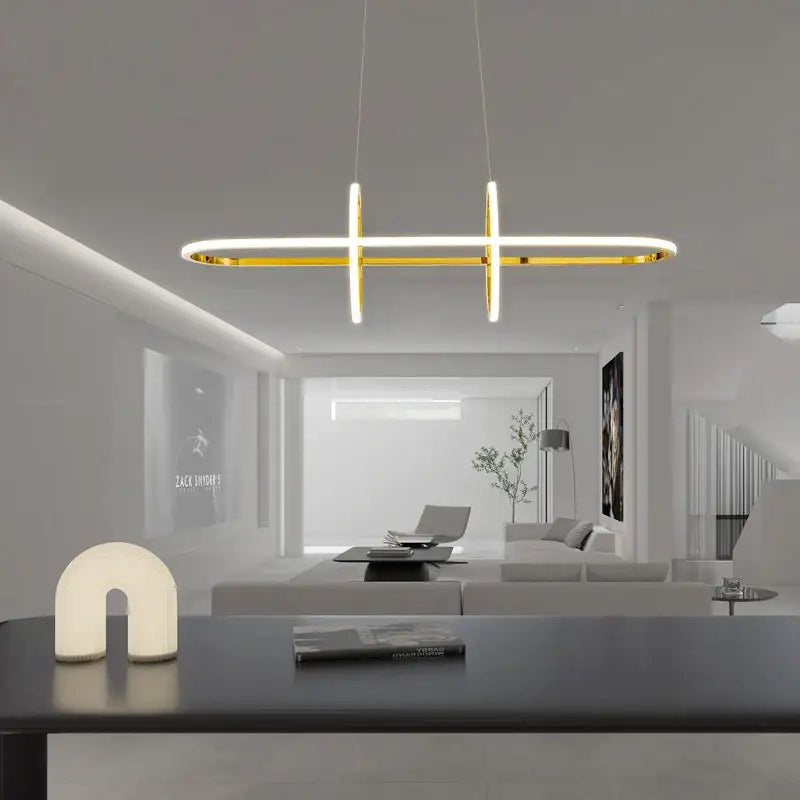Modern gold-accented DecorBites led pendant light chandelier with glowing white LED strips for home decor