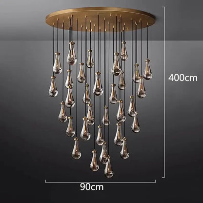 A modern brass circular DecorBites LED pendant light chandelier with teardrop pendant lights for living room lighting