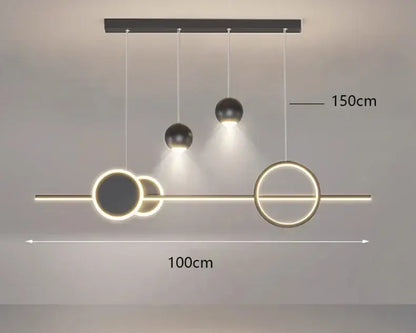 Decorbites led pendant light chandelier featuring modern black and gold design with circular led rings and spherical bulbs