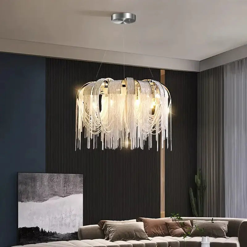 Modern decorbites led pendant light chandelier with cascading translucent glass fringes and metallic ceiling mount for living room
