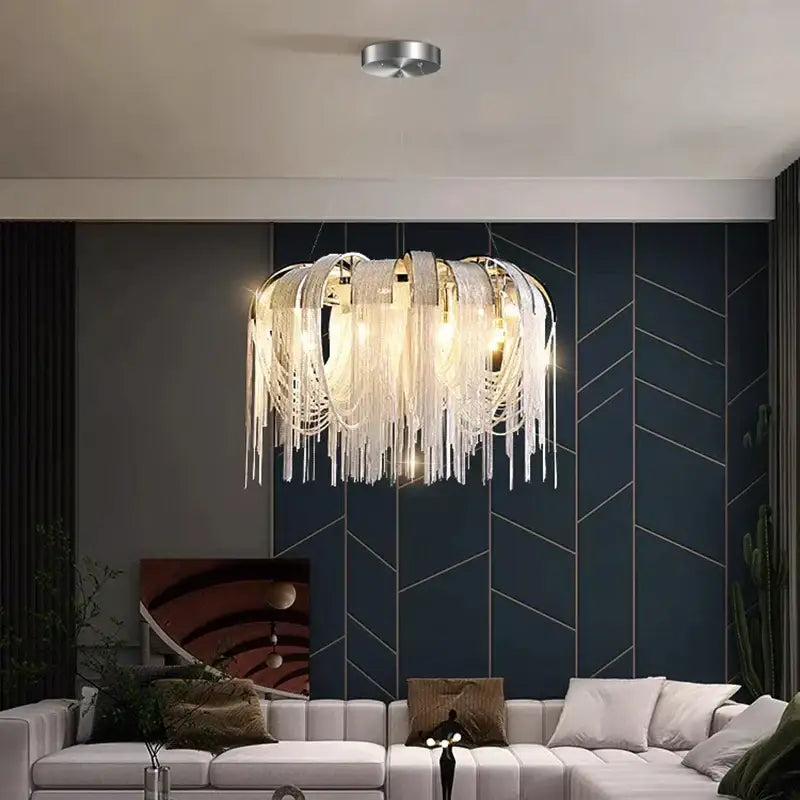 DecorBites led pendant light chandeliers with cascading white crystal strands and warm glowing lights for modern decor
