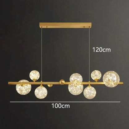 Gold-toned DecorBites led pendant light chandelier with clear textured glass spheres for modern indoor lighting