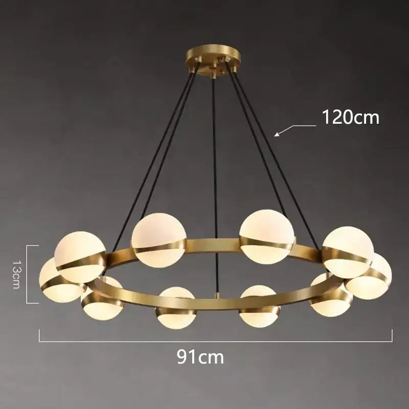 Gold-toned DecorBites led pendant light chandelier with circular frame and frosted glass globe pendant lights for modern decor