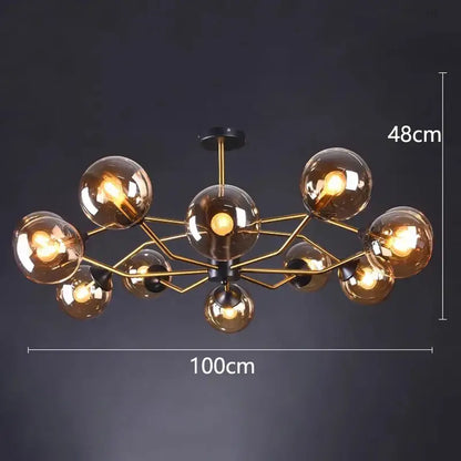 Modern brass and amber glass decorbites led pendant light chandelier with geometric molecular design for dining rooms