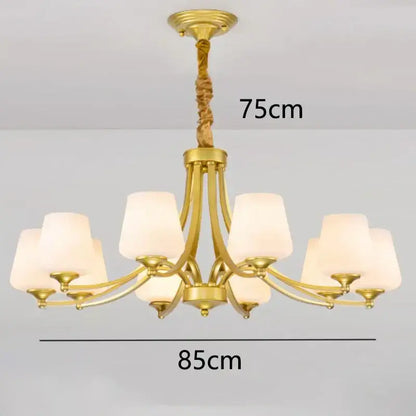Gold-toned DecorBites led pendant light chandelier with eight frosted glass shades and twisted rope pendant for modern spaces