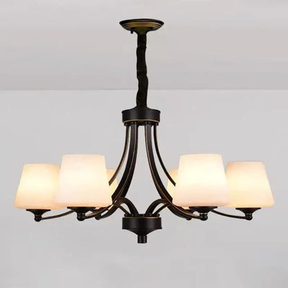 Black wrought iron decorbites led pendant chandelier with five warm frosted glass shades for modern living room lighting